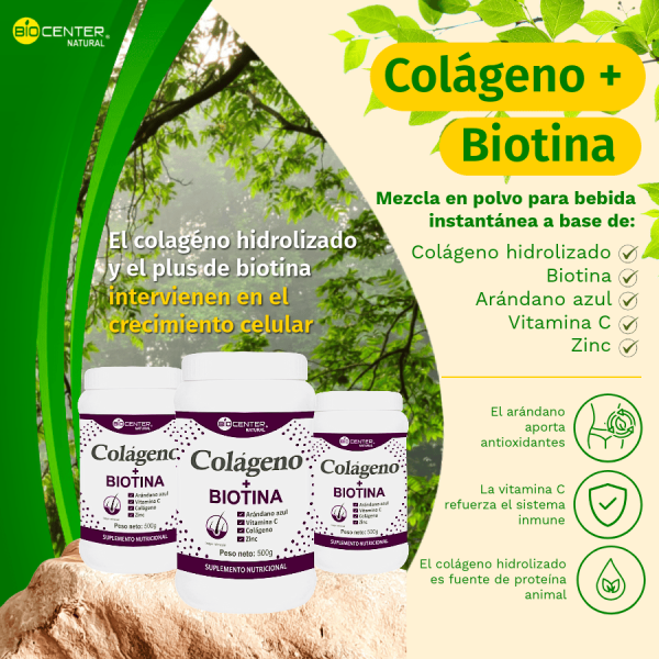 Colágenc Biótina para crecimiento celular en pote, suplemento nutricional Mercoshop Perú.