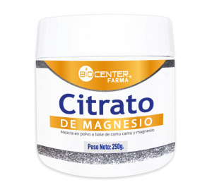 Pote de Citrato de Magnesio de BIOCENTER FARMA, suplemento en polvo con camu y magnesio. Mercoshop Perú.