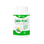 Frasco de cápsulas HIGA-PLUS, suplemento herbal detox con alcachofa, cardo mariano y boldo. 100 unidades. Mercoshop Perú.