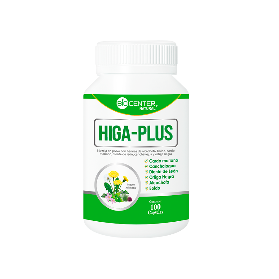 Higaplus-Capsula Frasco de cápsulas HIGA-PLUS, suplemento herbal detox con alcachofa, cardo mariano y boldo. 100 unidades. Mercoshop Perú.