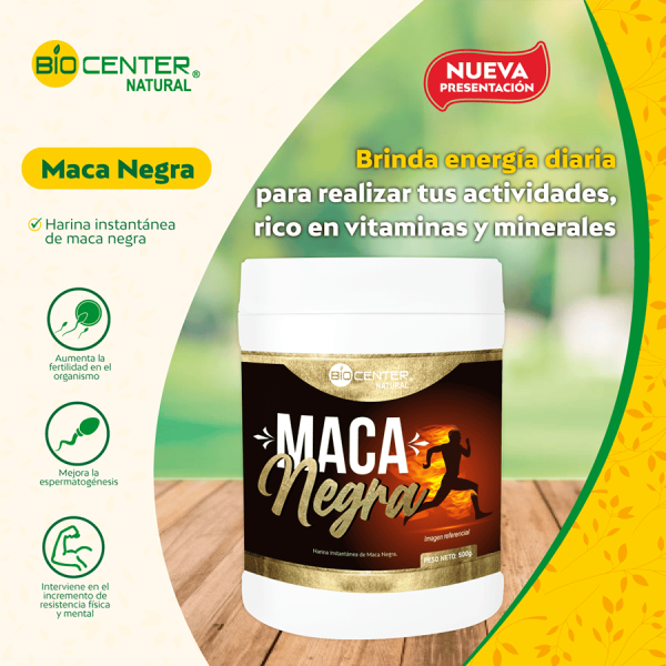 Frasco de Harina Instantánea de Maca Negra para energía y vitalidad. Marca Bio Center. Mercoshop Perú.
