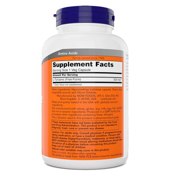 Frasco de Amino Acids (L-Tyrosine), suplemento alimenticio. Ideal para la función cognitiva. Mercoshop Perú.