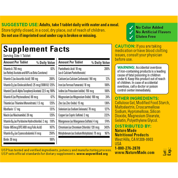 Suplemento multivitamínico y mineral en tabletas para la salud diaria. Contiene vitaminas y oligoelementos. Mercoshop Perú