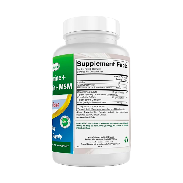 Suplemento Glucosamine + MSM de Best Naturals en frasco para salud articular. Mercoshop Perú.