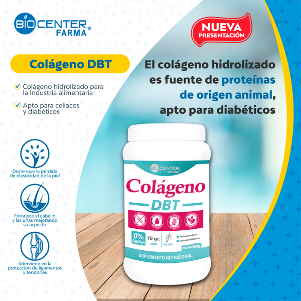 Colágeno DBT en pote de 500g. Suplemento nutricional para piel, articulaciones y cabello. Mercoshop Perú.