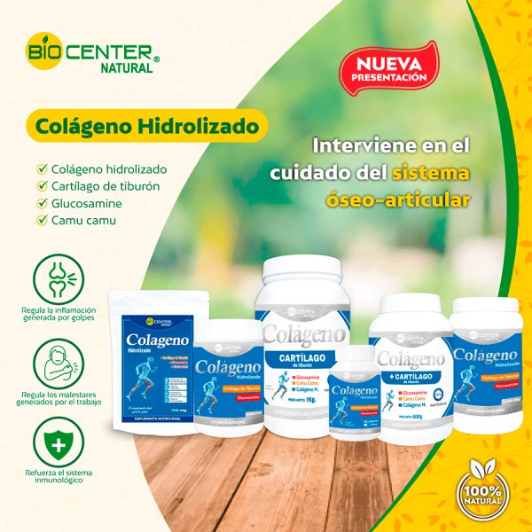 Suplementos Bio Center Colágeno Hidrolizado y Cartílago en frascos para cuidado óseo-articular. Mercoshop Perú