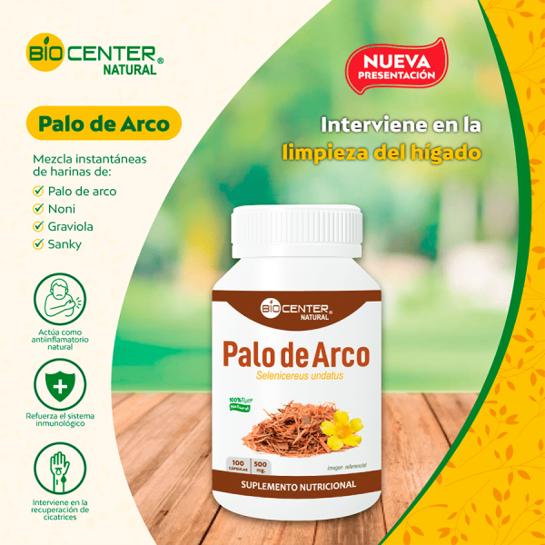 Suplemento Palo de Arco en pote para la limpieza del hígado, marca BIO CENTER NATURAL, Mercoshop Perú.
