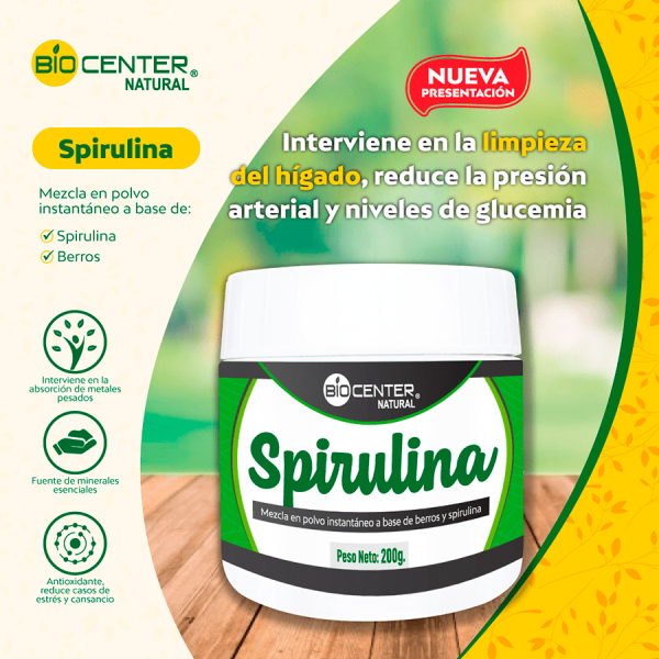 Pote de Spirulina (Mezcla de Berros y Spirulina) de Biocenter Natural para limpieza hepática y control de glucemia. Mercoshop Perú.