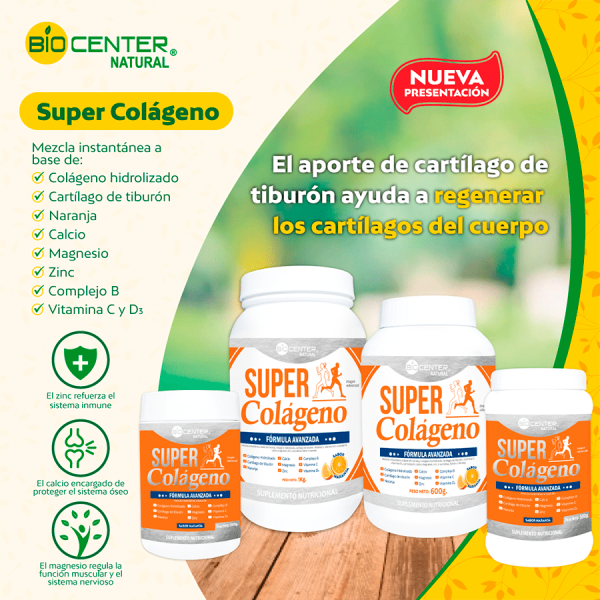 Super Colágeno de Bio Center en frascos para regenerar cartílagos y huesos. Mercoshop Perú.