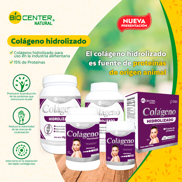 Colágeno hidrolizado Biocenter Natural en frascos y bolsas, suplemento para piel y cartílagos, Mercoshop Perú.