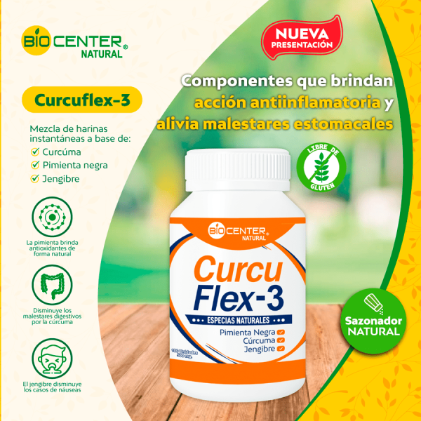 Suplemento Curcuflex-3 en frasco para malestares digestivos y acción antiinflamatoria. Mercoshop Perú.