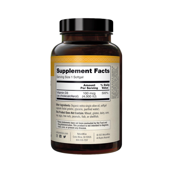 Suplemento de Vitamina D3 (4000 IU) en softgels en frasco. Nutrición para la salud. Mercoshop Perú.