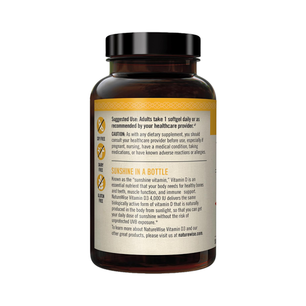 Frasco de softgels NaturiWise Sunshine in a Bottle (Vitamina D3). Suplemento esencial para soporte óseo. Mercoshop Perú