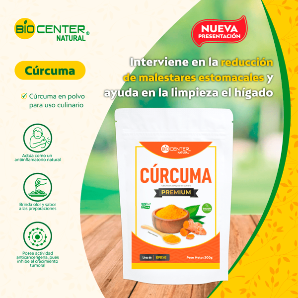 Cúrcuma PREMIUM en bolsa de especias para uso culinario y salud. Marca Biocenter. Mercoshop Perú.