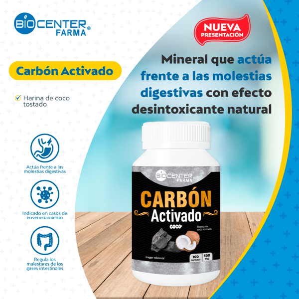 Frasco de Carbón Activado Coco para molestias digestivas, marca Biocenter Farma, Mercoshop Perú.