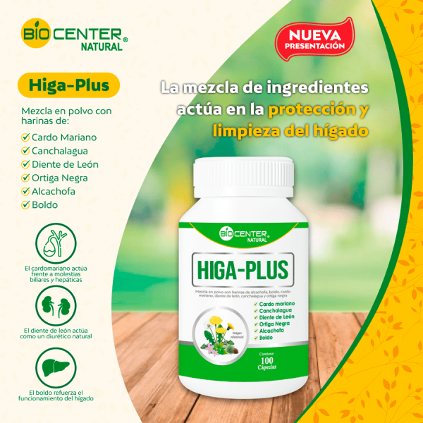 Suplemento Higa-Plus de Bio Center, cápsulas para la protección y limpieza del hígado. Mercoshop Perú.