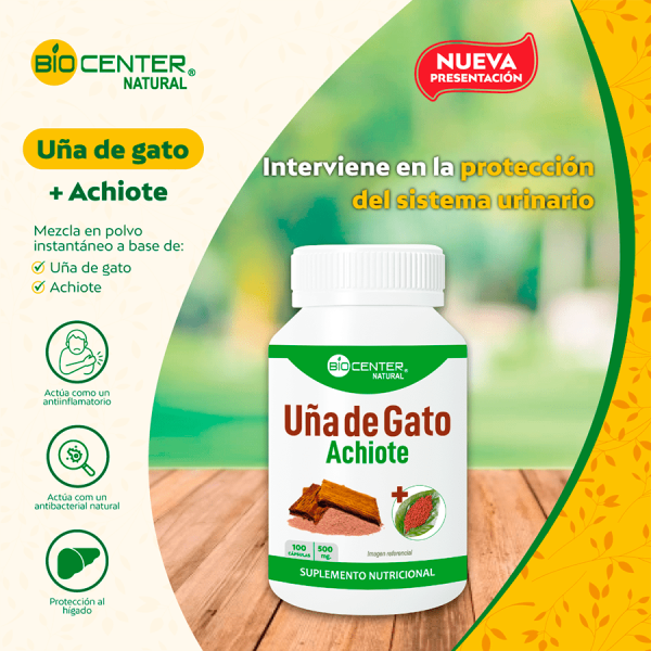 Suplemento Uña de Gato Achiete en frasco, para protección urinaria y hepática. Mercoshop Perú.