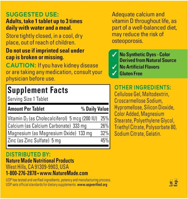 Tabletas de multivitamínico y mineral (D, Calcio, Zn) de Nature Made. Mercoshop Perú.