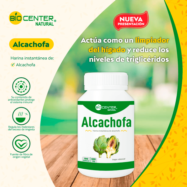 Suplemento de Alcachofa en cápsulas. Actúa como limpiador del hígado y reduce triglicéridos. Mercoshop Perú