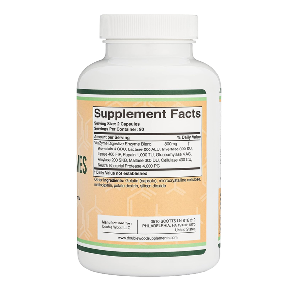 Frasco de enzimas digestivas (Vitazyme Digestive Enzyme Blend) de Double Wood para apoyo digestivo. Mercoshop Perú.