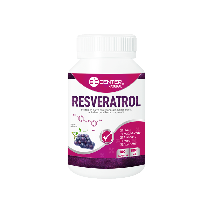 resveratrol-1 Frasco de cápsulas Resveratrol Biocenter Natural con ingredientes de Maíz morado y Arándano. Mercoshop Perú.