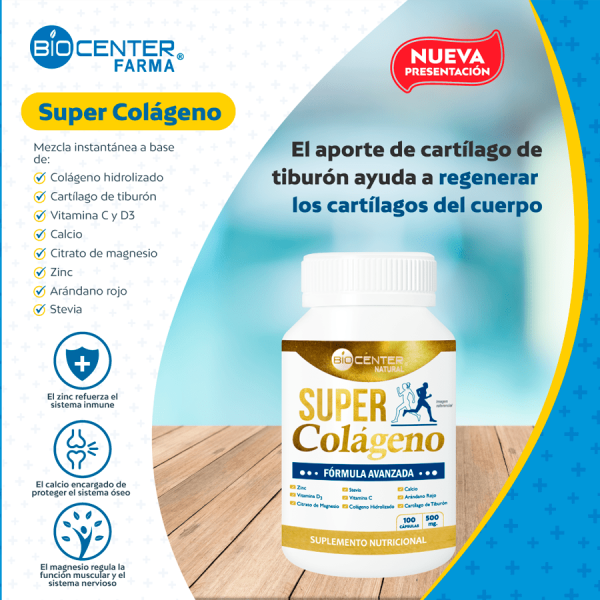 Frasco de Super Colágeno de Biocenter para regenerar los cartílagos. Suplemento nutricional Mercoshop Perú