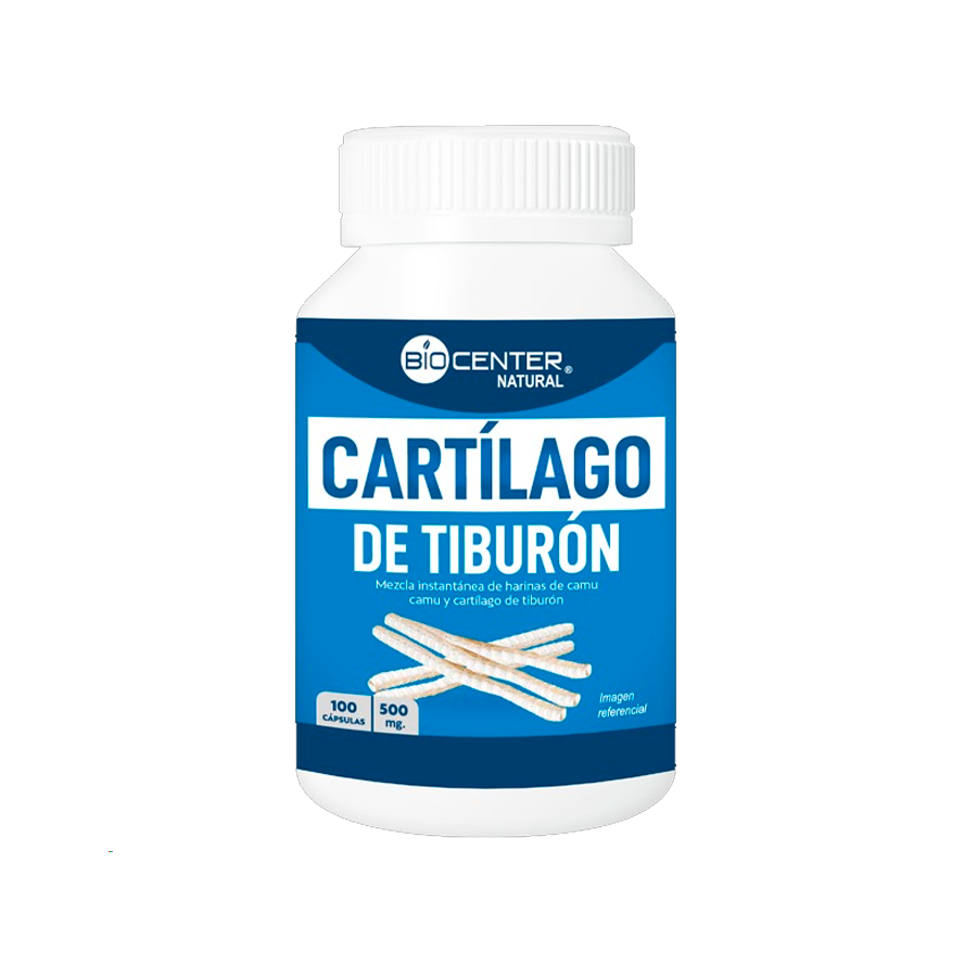 tiburon1 Suplemento Cartílago de Tiburón BIOCENTER, en frasco de cápsulas. Mezcla de camu y cartílago. Mercoshop Perú.