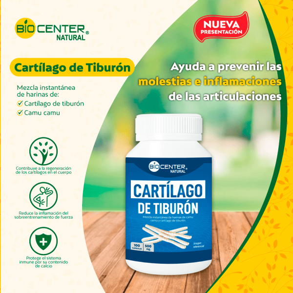 Suplemento Cartílago de Tiburón en frasco para articulaciones, ayuda a prevenir inflamaciones. Mercoshop Perú.